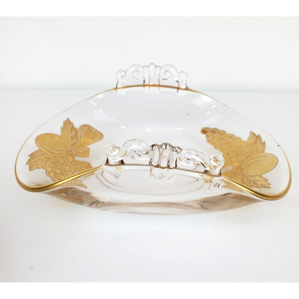 Vintage Clear Folded Glass w/ Gold Inlay Pinecone Design Handled Dish Bowl Tray